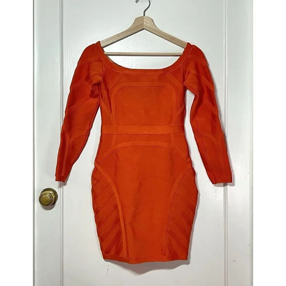 House Of CB Celeb Boutique Orange Bandage Dress Long Sleeve Off Shoulder Size M